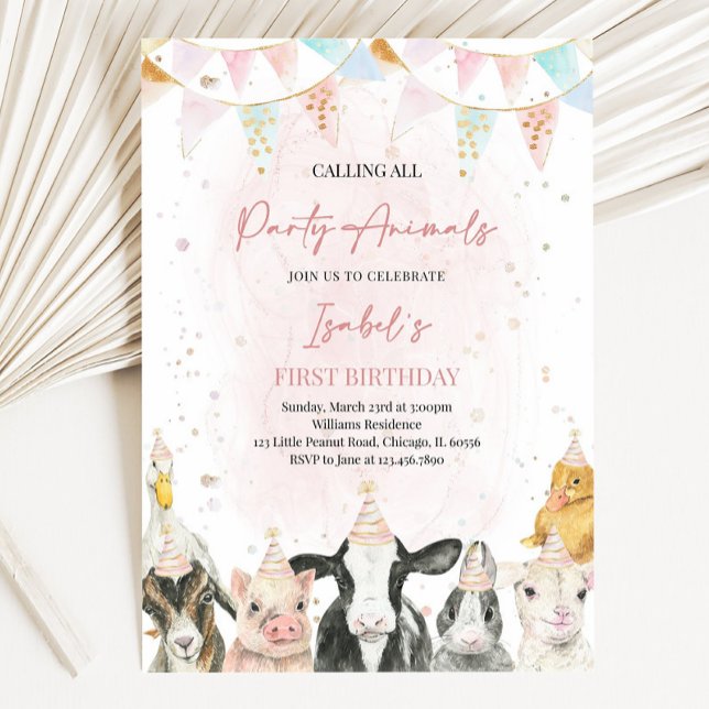 Editable Calling All Party Animals Farm Girl Birth Invitation (Creator Uploaded)