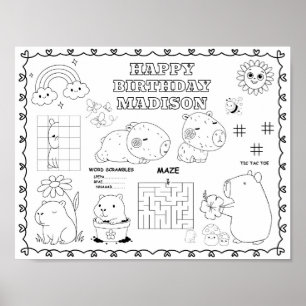 Editable capybara birthday colouring mat  poster