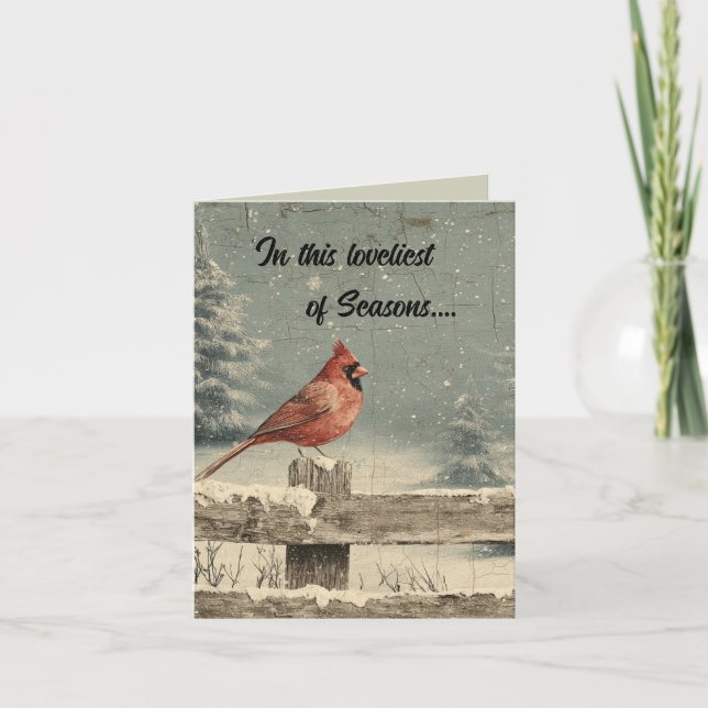 Editable Cardinal on a Fence in Winter Christmas Card (Front)