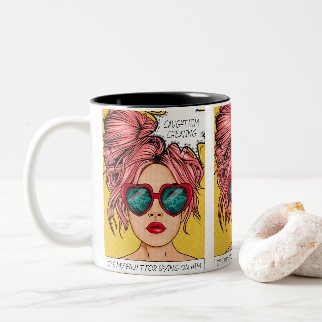 Editable Caught Him Cheating Pop Art  Two-Tone Coffee Mug (With Donut)
