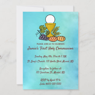 Editable Chalice and Grapes First Communion Invitation