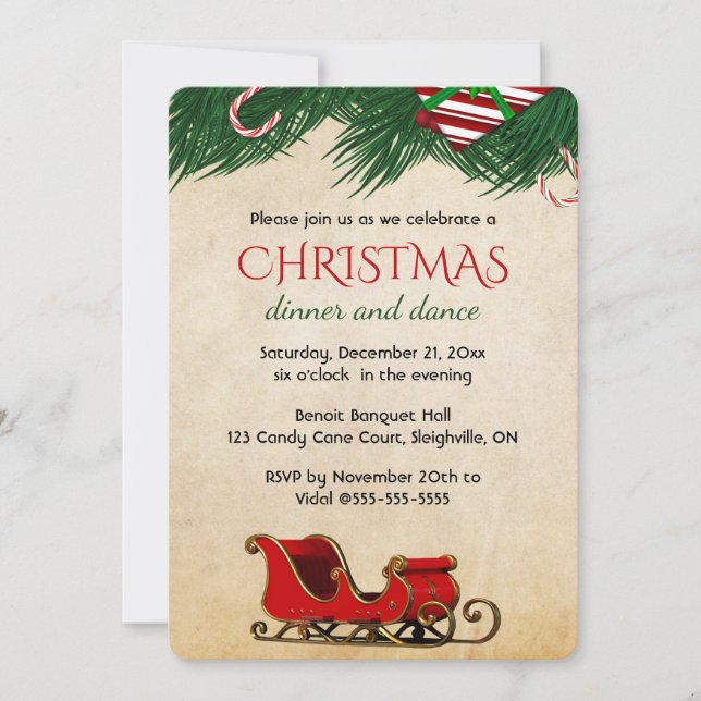 Editable Christmas Candy Cane Bough and Sleigh Invitation (Front)