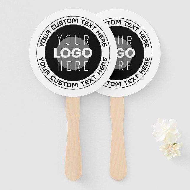 Editable Circular Text & Replaceable Logo | B&W Hand Fan (Front and Back)