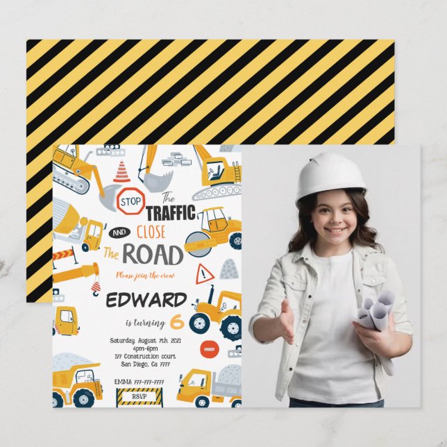 Editable Close the Road Construction photo Invitation (Front/Back)