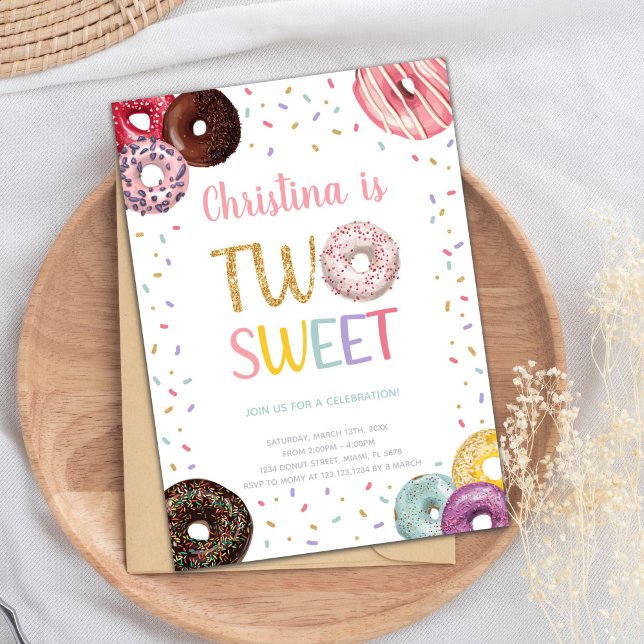 Editable Colorful 2nd Birthday Party Invite (Two Sweet Colors Donut Birthday Invitations)