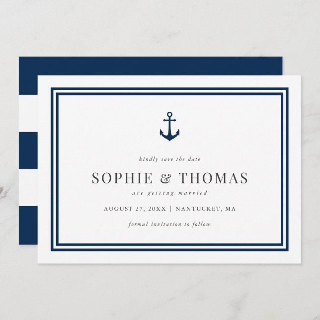 Editable Colour Anchor  White Stripes Save the Dat Invitation (Front/Back)