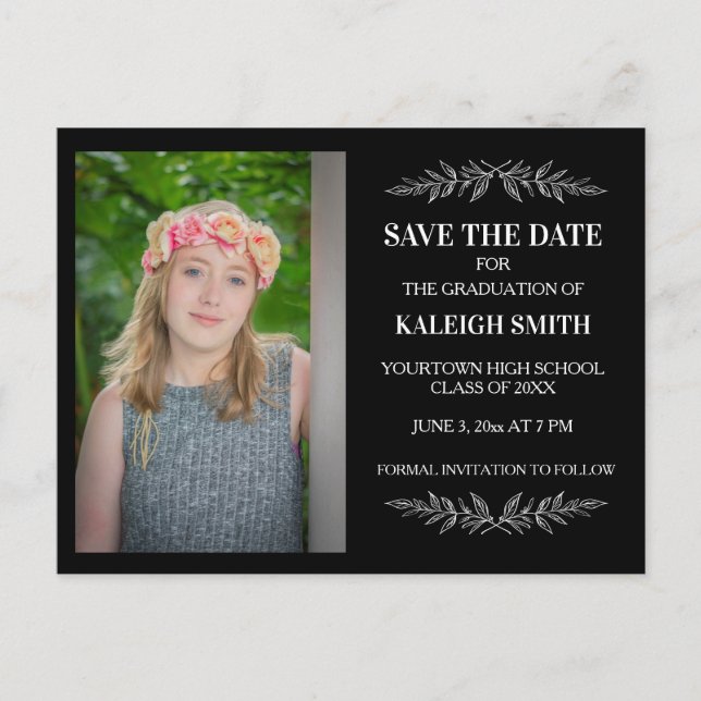 Editable Colour Black Grad Save Date w/ Leaves Announcement Postcard (Front)