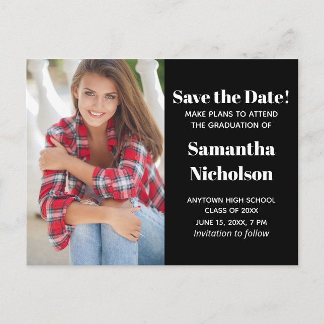 Editable Colour Black Graduation Photo Save Date Announcement Postcard (Front)
