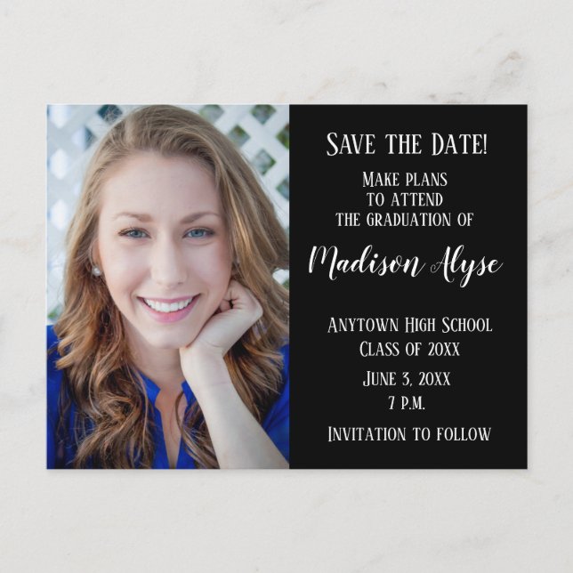 Editable Colour Black Photo Graduation Save Date Announcement Postcard (Front)