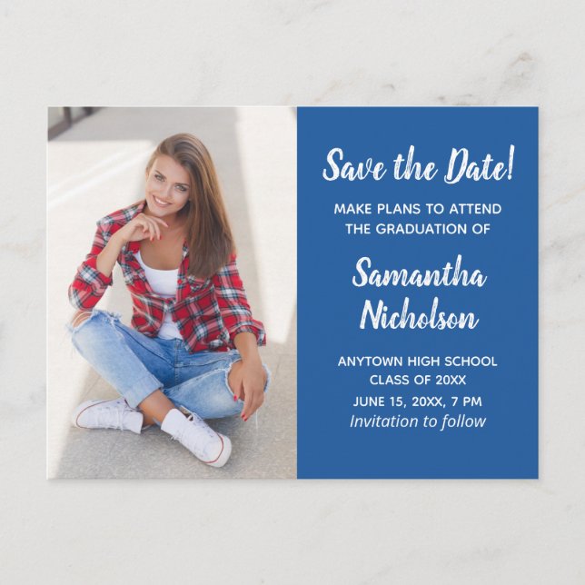 Editable Colour Blue Graduation Photo Save Date Announcement Postcard (Front)