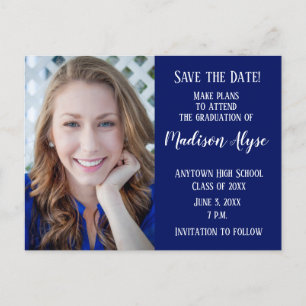 Editable Colour Blue Photo Graduation Save Date Announcement Postcard