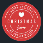 EDITABLE Colour Christmas Jam Happy Holidays Classic Round Sticker<br><div class="desc">Round Modern Bold "Christmas Jam Happy Holidays" sticker featuring a heart and double border in white against a background colour that is editable (click customise and change background colour). It's perfect for labelling what you've made. Personalise it by replacing the placeholder text. For more options such as to change the...</div>