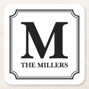 Editable Colour Family Name / Bar / Diner Monogram Square Paper Coaster