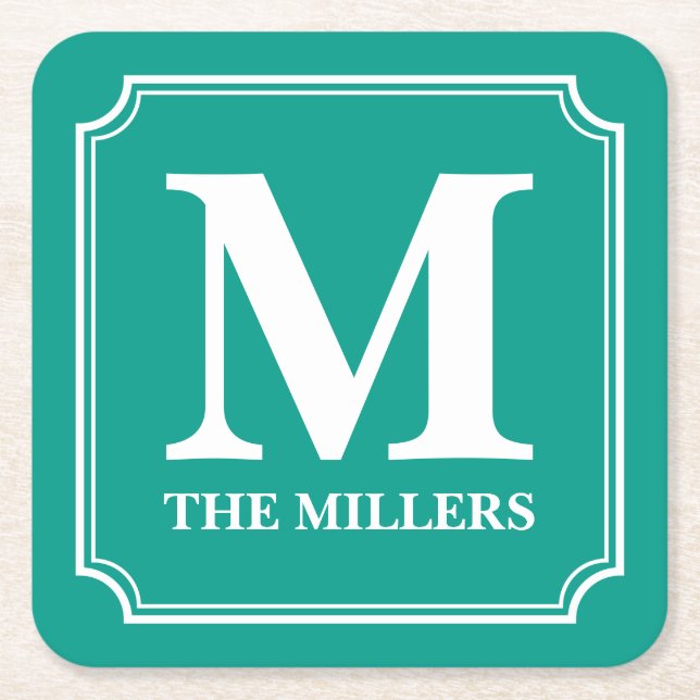 Editable Colour Family Name Bar Pub Diner Monogram Square Paper Coaster (Front)