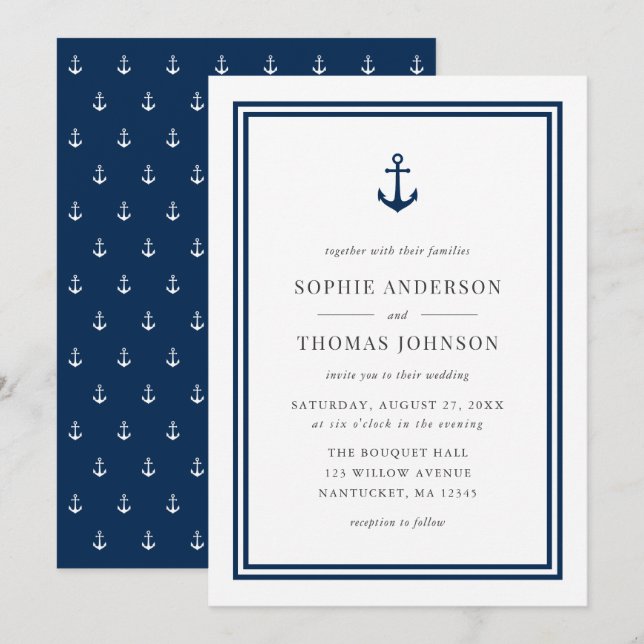 Editable Colour Modern Classic Anchor Wedding Invitation (Front/Back)