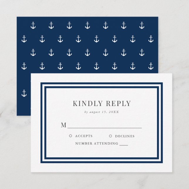 Editable Colour Modern Classic Anchor Wedding RSVP Card (Front/Back)