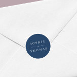 Editable Colour Modern Classic Wedding Classic Round Sticker<br><div class="desc">This wedding sticker features the names of the wedding couple in white against an editable background colour; to change it from blue to a colour of your choice, click the customise button. Personalise it by replacing the placeholder text. For more options such as to change the font, it's size and...</div>
