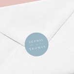 Editable Colour Modern Classic Wedding Classic Round Sticker<br><div class="desc">This wedding sticker features the names of the wedding couple in white against an editable background colour; to change it from dusty blue to a colour of your choice, click the customise button. Personalise it by replacing the placeholder text. For more options such as to change the font, it's size...</div>