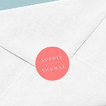 Editable Colour Modern Classic Wedding Classic Round Sticker<br><div class="desc">This wedding sticker features the names of the wedding couple in white against an editable background colour; to change it from coral to a colour of your choice, click the customise button. Personalise it by replacing the placeholder text. For more options such as to change the font, it's size and...</div>