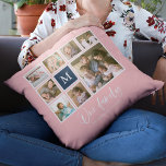 Editable Colour Monogram Our Family Photo Collage Cushion<br><div class="desc">Monogram pillow featuring the words "Our Family" in a stylish script with 8 square photos arranged in a grid layout with a white border around them on the front and back side making it 16 photos in total that you can replace with you own photos all against an editable background...</div>