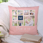 Editable Colour Monogram This is Us Photo Collage Cushion<br><div class="desc">Monogram pillow featuring the words "this is us" in a stylish script with 8 square photos arranged in a grid layout with a white border around them on the front and back side making it 16 photos in total that you can replace with you own photos all against an editable...</div>