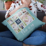 Editable Colour Monogram This is Us Photo Collage Cushion<br><div class="desc">Monogram pillow featuring the words "this is us" in a stylish script with 8 square photos arranged in a grid layout with a white border around them on the front and back side making it 16 photos in total that you can replace with you own photos all against an editable...</div>