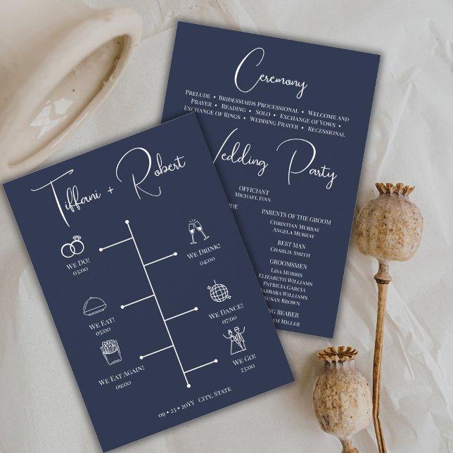Editable Colour Navy Blue Wedding Timeline Programme (Creator Uploaded)