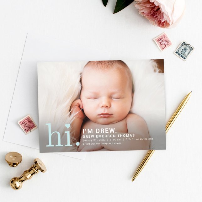 Editable Colour Precious Hi Baby Birth Announcemen Holiday Card (Creator Uploaded)