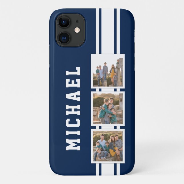 Editable Colour Sporty Varsity White Stripes Photo Case-Mate iPhone Case (Back)