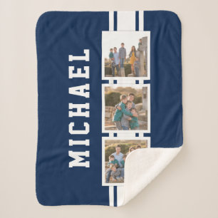 Editable Colour Sporty Varsity White Stripes Photo Sherpa Blanket