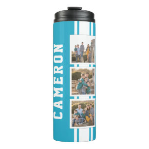 Editable Colour Sporty Varsity White Stripes Photo Thermal Tumbler