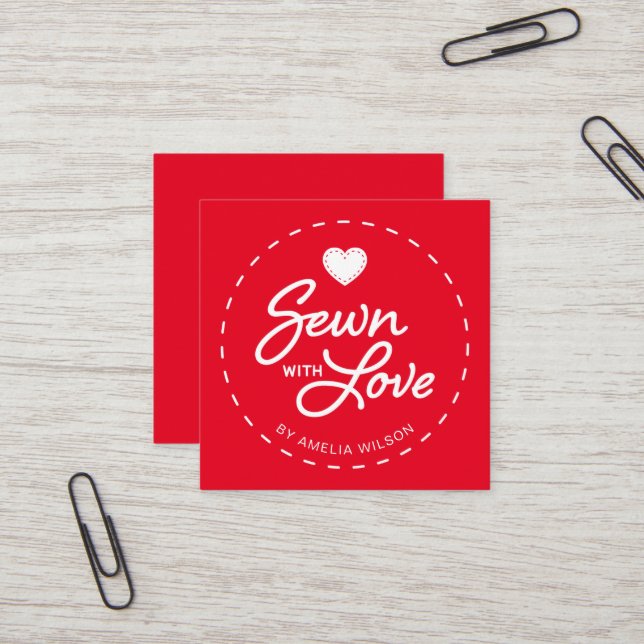 Editable Colour Stylish Sewn with Love Social Medi Square Business Card (Front/Back In Situ)