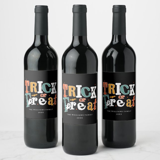 Editable Colour Trick Or Treat Halloween  Wine Label (Bottles)