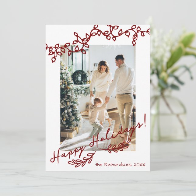 Editable Colour Whimsical Christmas Doodles Photo Holiday Card (Standing Front)