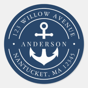 Editable Colour White Border Anchor Return Address Classic Round Sticker