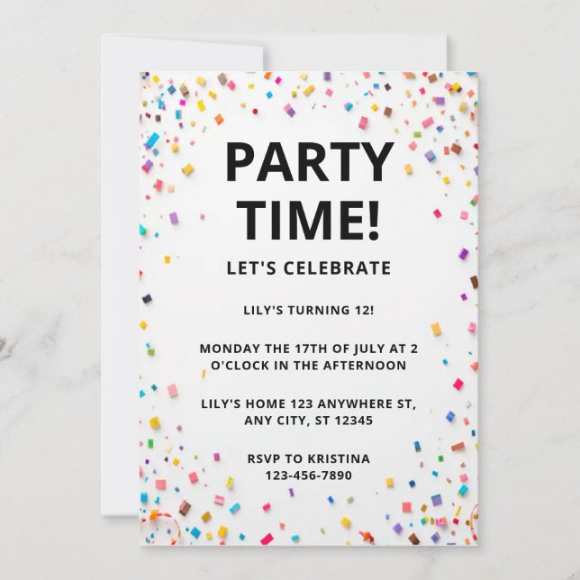 Editable Coloured Confetti birthday Invitation  (Front)