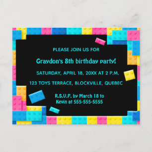 Editable Colourful Building Blocks Birthday Invitation Postcard