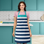 Editable Colours with White Stripes Add Name Apron<br><div class="desc">Personalised Apron featuring a white stripes pattern with an editable background colour, click the customise button for access. To change the blue colour, select background colour and change its colour. To change the turquoise colour, select rectangle layer and change its fill colour. You can even change the strap colour (accessible...</div>