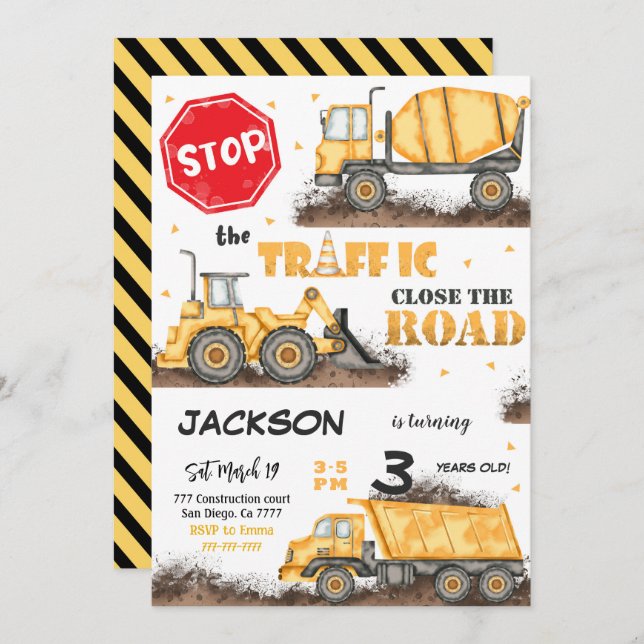 Editable Construction Birthday Invitation (Front/Back)