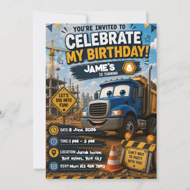 Editable Construction Birthday Invitation for Kids (Front)