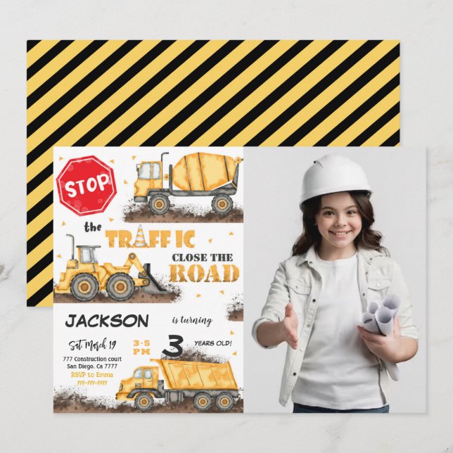 Editable Construction Birthday Photo Invitation (Front/Back)