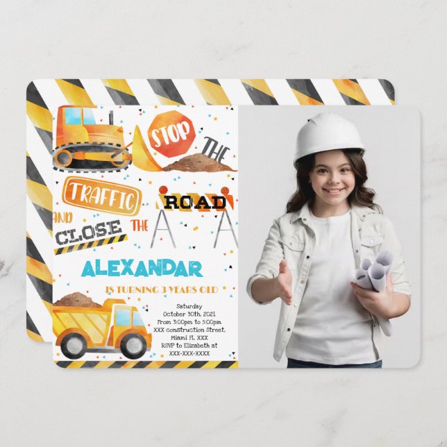 Editable Construction Birthday Photo invitations (Front/Back)