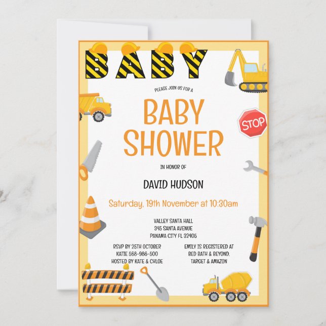 Editable Construction Invitation, Birthday, Baby Invitation (Front)