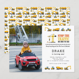 Editable Construction Trucks Theme Photo Birthday Invitation