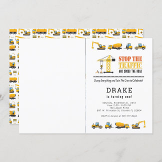 Editable Construction Trucks Theme Photo Birthday Invitation