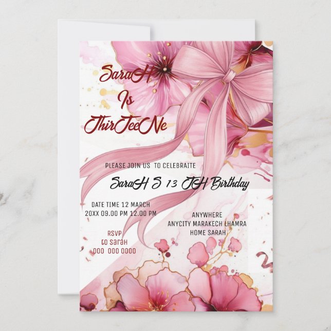 Editable Coquette Pink Bow Birthday Invitation, Pi Invitation (Front)