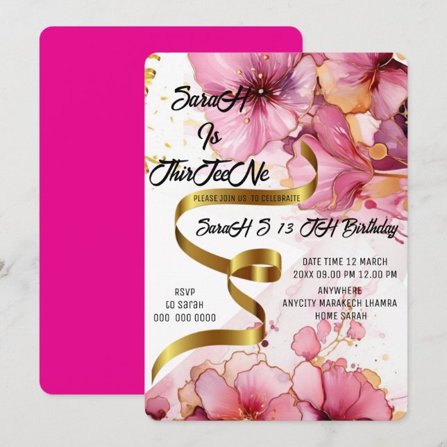 Editable Coquette Pink Bow Birthday Invitation, Pi Invitation (Front/Back)