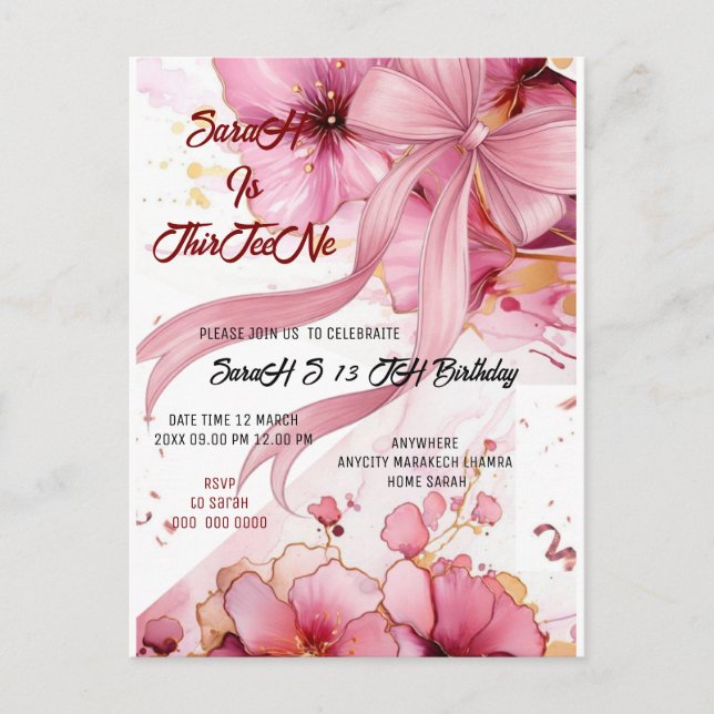 Editable Coquette Pink Bow Birthday Invitation, Pi Postcard (Front)