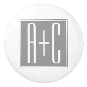 Editable Couples Initials   White & Grey Ceramic Knob