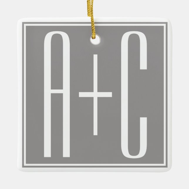 Editable Couples Initials | White & Grey Ceramic Ornament (Front)